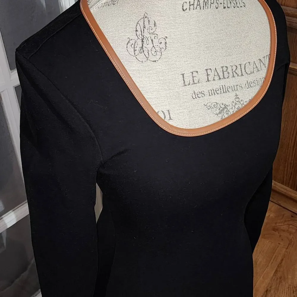 STAUD Black Long Sleeve Scoop Neck Dress with Tan Trim - Picture 3 of 6